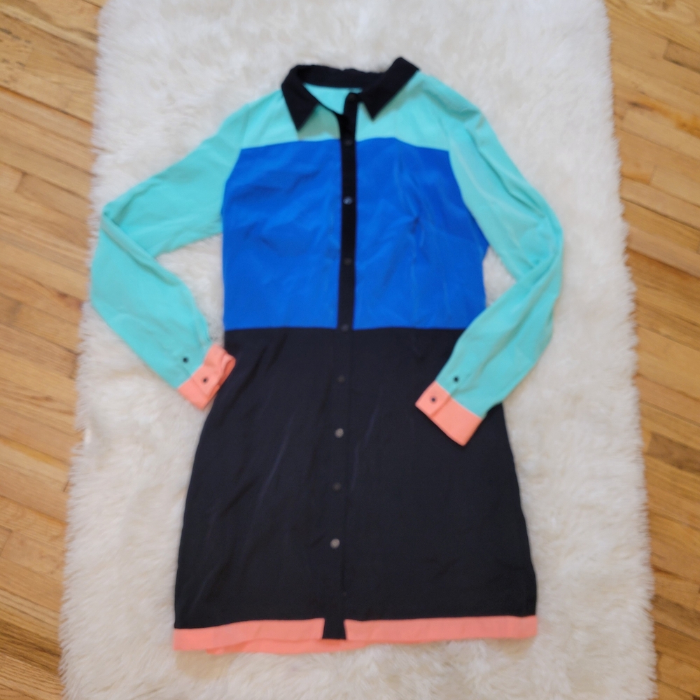I Love Ronson Ladies Long Sleeve Color Block Button Front Dress Medium